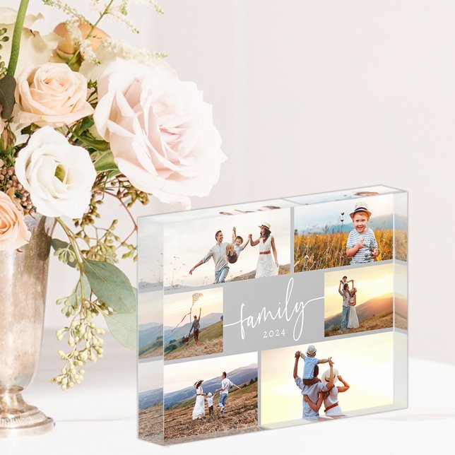 Bloque de fotos de familia elegante (Gray and White Elegant Calligraphy Script Family Photo Collage Photo Block by Simply Said)