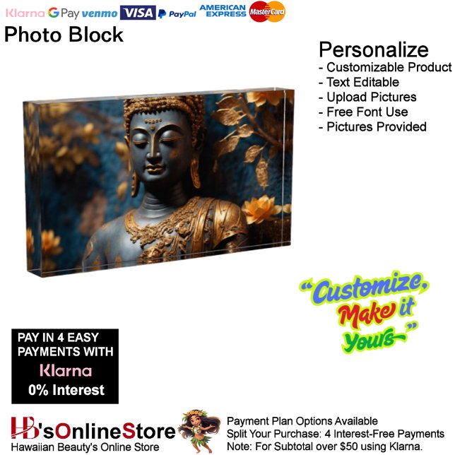 Bloque de fotos horizontal de Buda (Buddha Horizontal Black Gold Floral Background Photo Block.)