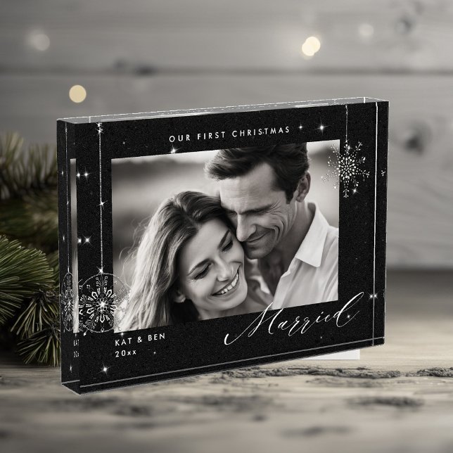 Bloque Para Fotos 1.ª Navidad casada con Black Sparkles Regalo moder (christmas gift first married couple black glitter sparkle modern minimalist snowflake winter wonder)