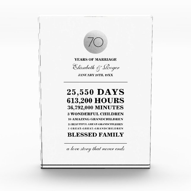 Bloque Para Fotos 70.º Aniversario Personalizado Plaque de Regalo (Anverso)