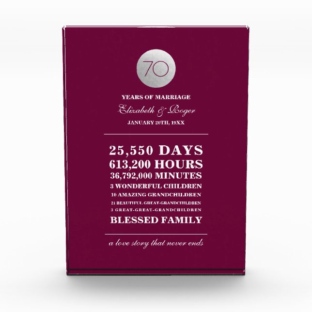 Bloque Para Fotos 70.º Aniversario Personalizado Plaque de Regalo (Anverso)