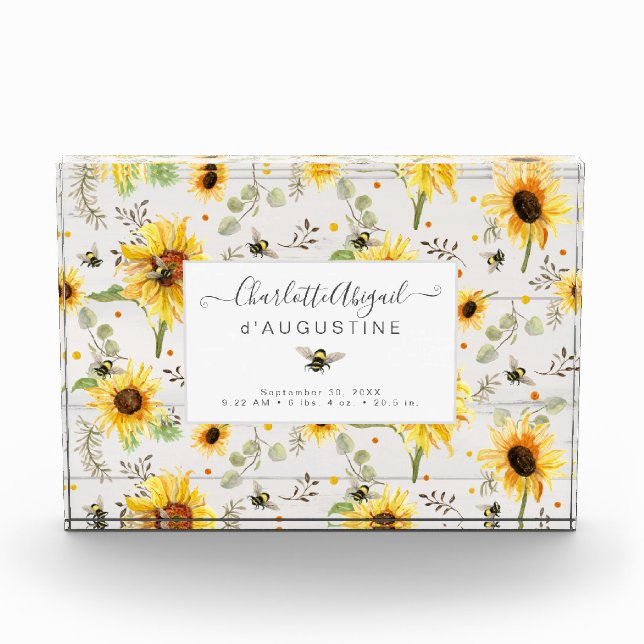 Bloque Para Fotos Abeja de girasol Rústica Madera Amarillo Estrellas (Anverso)