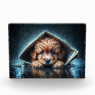Bloque Para Fotos Adorable cachorro mojado bajo refugio de periódico
