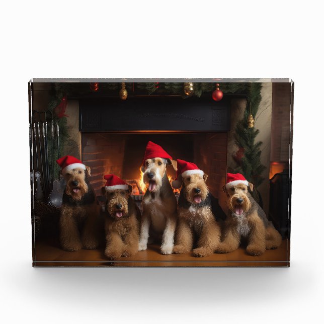 Bloque Para Fotos Airedale junto a la chimenea de Navidad (Anverso)