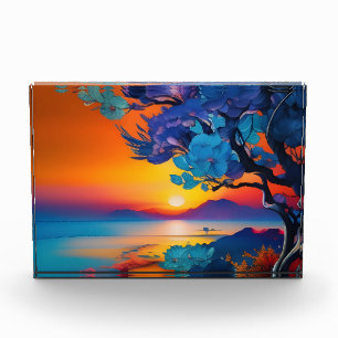 Bloque Para Fotos Árbol floreciente en el lago al amanecer