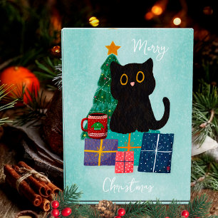 Bloque Para Fotos Azul Festivo Feliz Navidad Gato Lindo Café