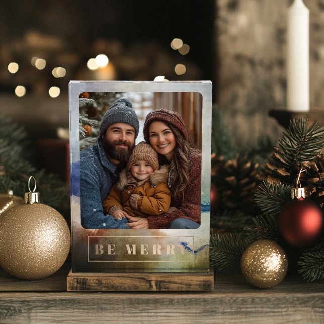 Bloque Para Fotos Blue Be Merry Holiday Photo Block (Be Merry Watercolor Photo Block)