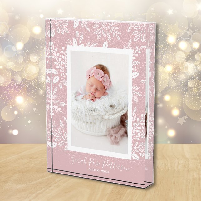 Bloque Para Fotos Botánicas Blancas sobre Rosa  (White leaves and dots on baby pink personalized acrylic photo block)