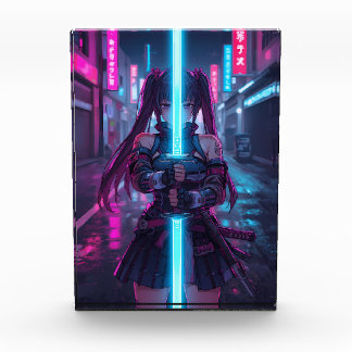 Bloque Para Fotos Chica Samurái Cyberpunk Katana Neon Anime