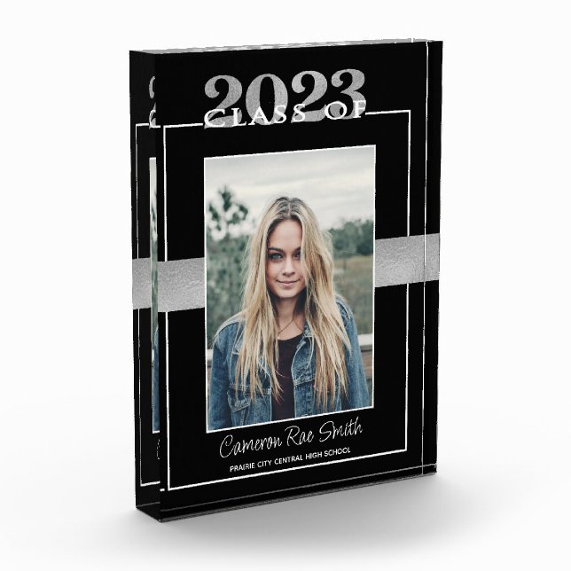 Bloque Para Fotos Clase de 2023 Black Silver Graduation Keepsake (Izquierda)