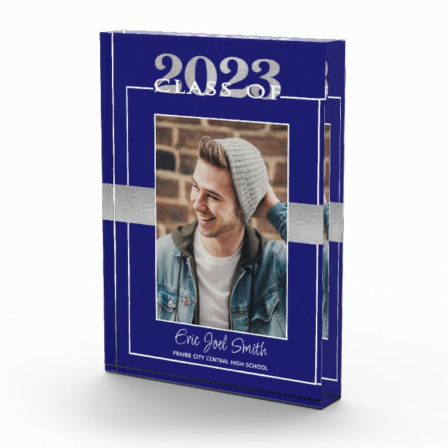 Bloque Para Fotos Clase de 2023 Blue Silver Graduation Keepsake (Derecha)