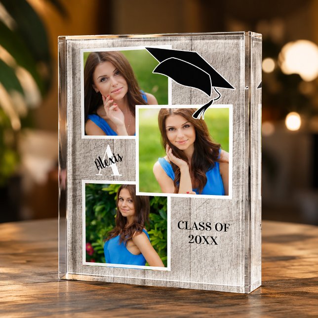 Bloque Para Fotos Colaje de retrato senior de madera rústica (Graduation 3-photo acrylic photo block)