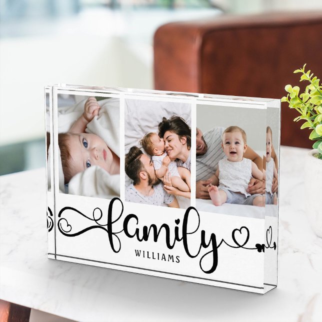 Bloque Para Fotos Collage de estilo familiar moderno Fotografía senc (Triple the love! Our custom family photo block, cute script, and a trio of cherished moments.)