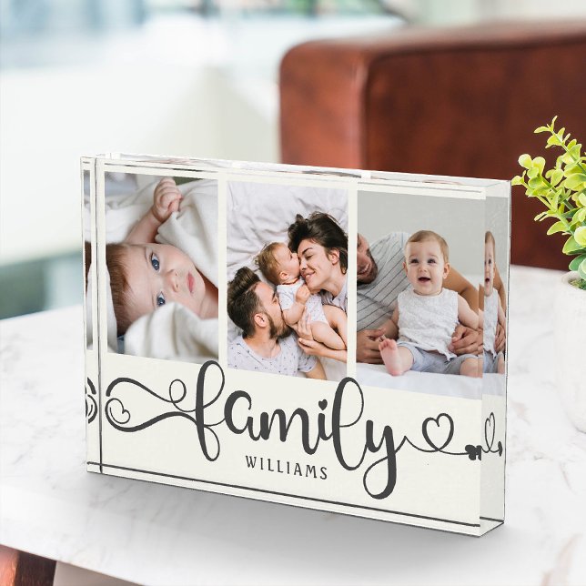 Bloque Para Fotos Collage de estilo familiar moderno Fotografía senc (Triple the love! Our custom family photo block, cute script, and a trio of cherished moments. )