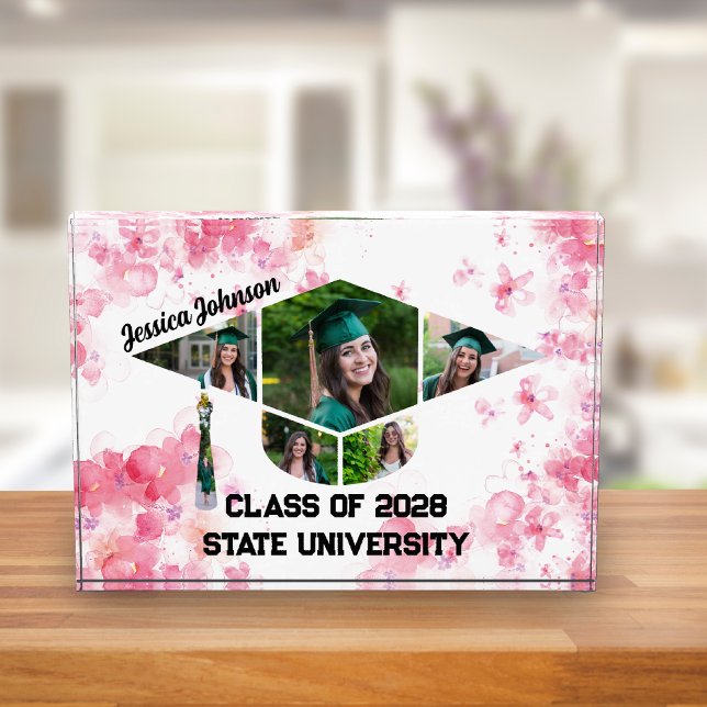 Bloque Para Fotos Collage del tapón de graduación floral rosa de col (Pink Watercolor Floral Graduation Cap Photo Collage Acrylic Block)