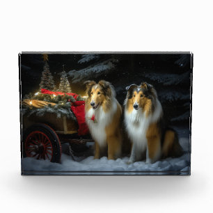 Bloque Para Fotos Collie Áspero Adorno de Navidad de Trineo Nevado