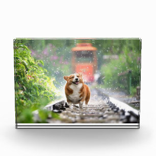 Bloque Para Fotos Corgi caminando por las vías del tren