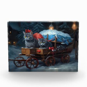 Bloque Para Fotos Decoración de Navidades de Sleigh de gato azul ori