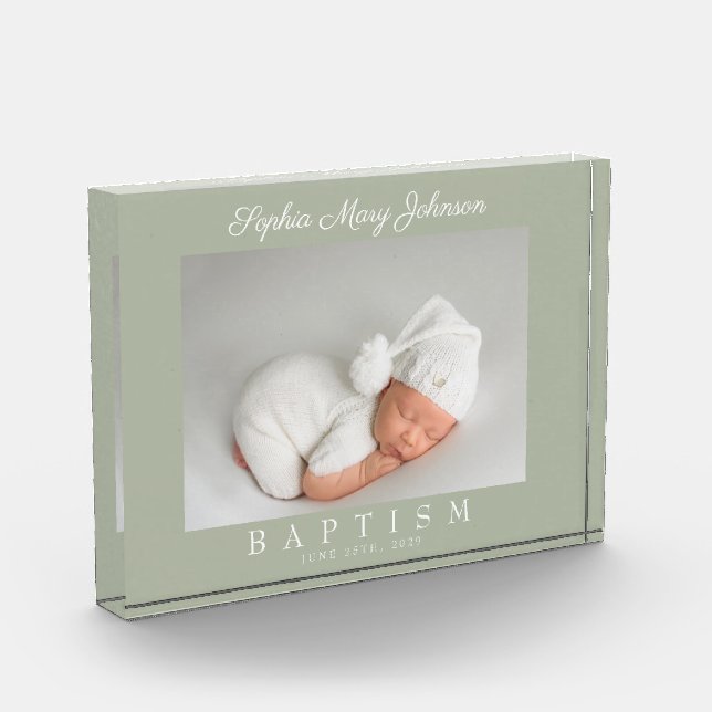 Bloque Para Fotos Elegante Sage Green Baptism Keepsake (Izquierda)