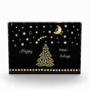 Bloque Para Fotos Felices Pawlidays, árbol de navidad Gold brillante