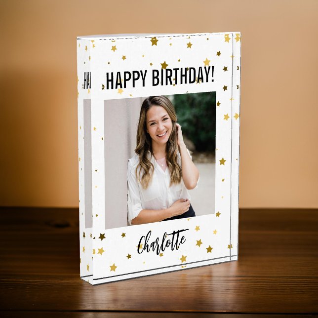 Bloque Para Fotos Feliz Cumpleaños | Estrellas Doradas de Cumpleaños (happy birthday photo block, custom photo block, photo gift, custom name gift, girl gift, mom gift)
