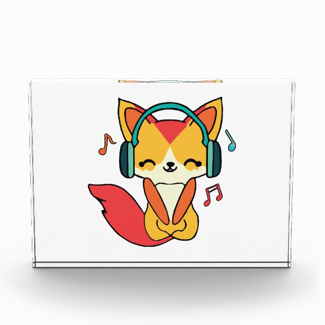 Bloque Para Fotos Feliz zorro con auriculares escuchando música. (Anverso)