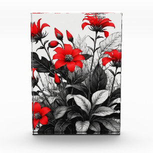 Bloque Para Fotos Flor Roja Sobre La Planta Blanca Negra