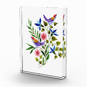 Bloque Para Fotos Flores rosadas y azules Pájaros Acuarela 