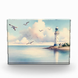 Bloque Para Fotos Gaviotas de faro costero Cielo pastel Serenidad