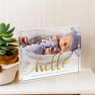Bloque Para Fotos Guión de efecto dorado Letras "Hello" Baby