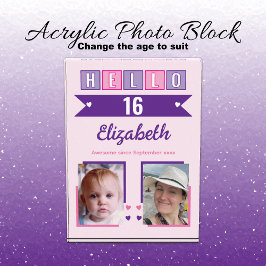 Bloque Para Fotos Hello 16 (any age) name est date pink purple