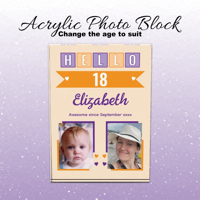 Bloque Para Fotos Hello 18 (any age) name est date orange purple (Subido por el creador)
