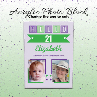 Bloque Para Fotos Hello 21 (any age) name est date green purple