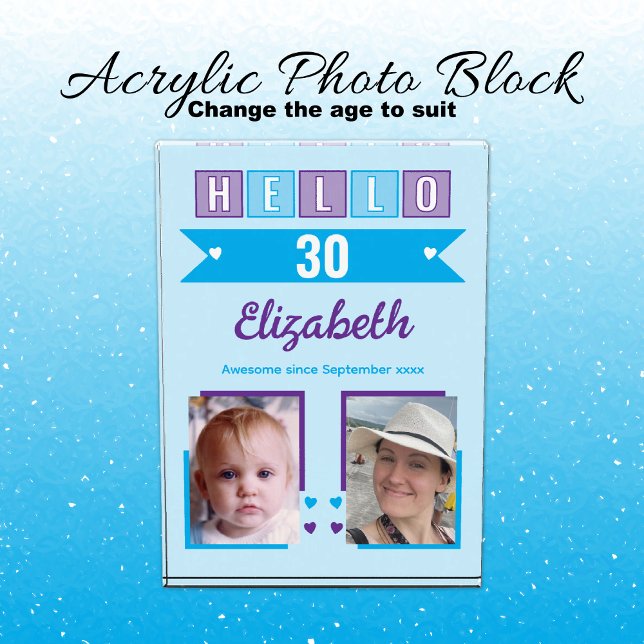 Bloque Para Fotos Hello 30 (any age) name est date blue purple (Subido por el creador)