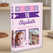 Hola 16 (cualquier edad) nombre fecha rosa morado