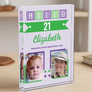 Bloque Para Fotos Hola 21 (cualquier edad) nombre fecha verde morado