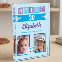 Hola 30 (cualquier edad) nombre fecha azul morado