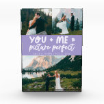 Bloque Para Fotos Imagen perfecta de recién casados en lila tú y yo<br><div class="desc">Recuerdo de boda caprichoso y divertido que incluye 3 fotos de los recién casados con un texto tipográfico que dice "tú   yo = imagen perfecta". Lila.</div>