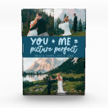 Bloque Para Fotos Imagen perfecta de recién casados tú y yo en azul<br><div class="desc">Recuerdo de boda caprichoso y divertido con 3 fotos de los recién casados y texto tipográfico que dice "tú   yo = imagen perfecta". Azul turquesa.</div>