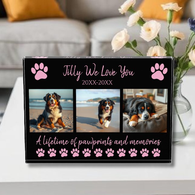 Bloque Para Fotos Impresiones de pinturas y Recuerdos-Mascota Person (Paw Prints & Memories-Custom Pet- Photo Block-Pastel Pink and black)