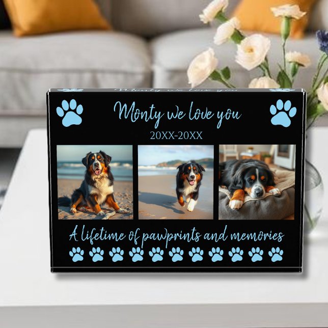 Bloque Para Fotos Impresiones de pinturas y Recuerdos-Mascota Person (Paw Prints & Memories-Custom Pet- Photo Block-Black and light blue)