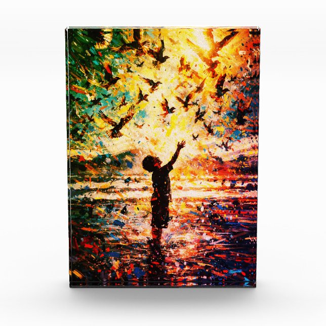 Bloque Para Fotos Joyful Child Playing with Birds Sunrise Water (Anverso)