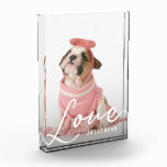 Bloque Para Fotos LOVE Cute Personalizado Dog<br><div class="desc">Pequeño bloque de fotos de mascotas. Reemplace la foto con la foto de su perro o gato y agregue su nombre en la parte inferior. Hay un texto en blanco que dice "amor" en escritura moderna. Diseño sencillo y minimalista.</div>