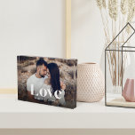 Bloque Para Fotos Love Overlay Personalized<br><div class="desc">Create a sweet keepsake of your wedding,  honeymoon or special moment with this beautiful custom acrylic photo block that's perfect for couples. Add a favorite horizontal photo and customize with your names across the bottom. "Love" appears as a white text overlay in modern lettering.</div>