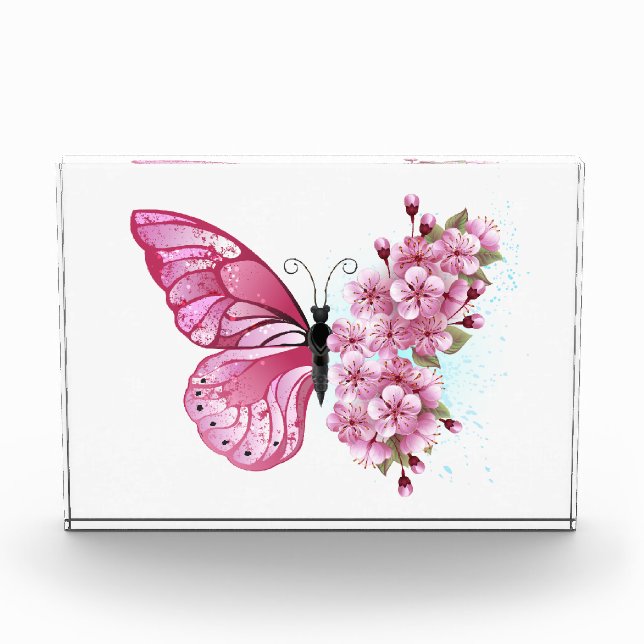 Bloque Para Fotos Mariposa de flores con Sakura rosa (Anverso)