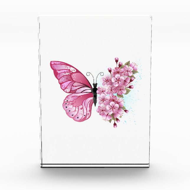 Bloque Para Fotos Mariposa de flores con Sakura rosa (Anverso)