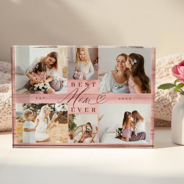 Bloque Para Fotos Mejor Collage de Woodgrage Rosa de Mamá Nunca (Best Mom Ever Pink Woodgrain Collage Keepsake Photo Block)