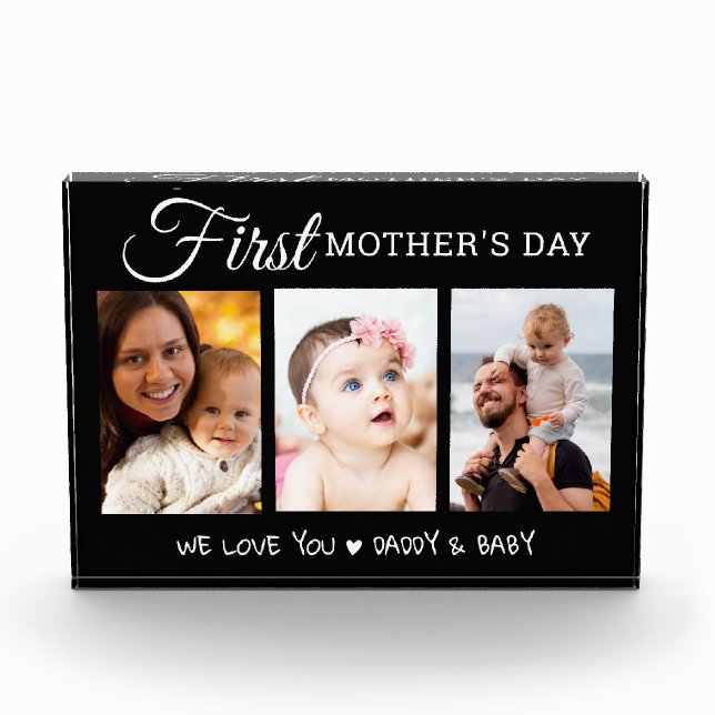 Bloque Para Fotos Modern First Mother's Day  3 Picture Collage Black (Anverso)