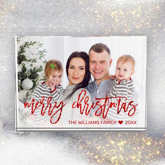Bloque Para Fotos Moderna familia de guiones de Purpurina navideño r (Merry Christmas Faux Red Glitter Script Custom Family Photo Block)