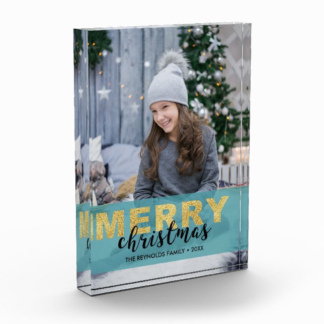 Bloque Para Fotos Moderno Gold Blue Merry Christmas - Bloqueo de fot (Izquierda)